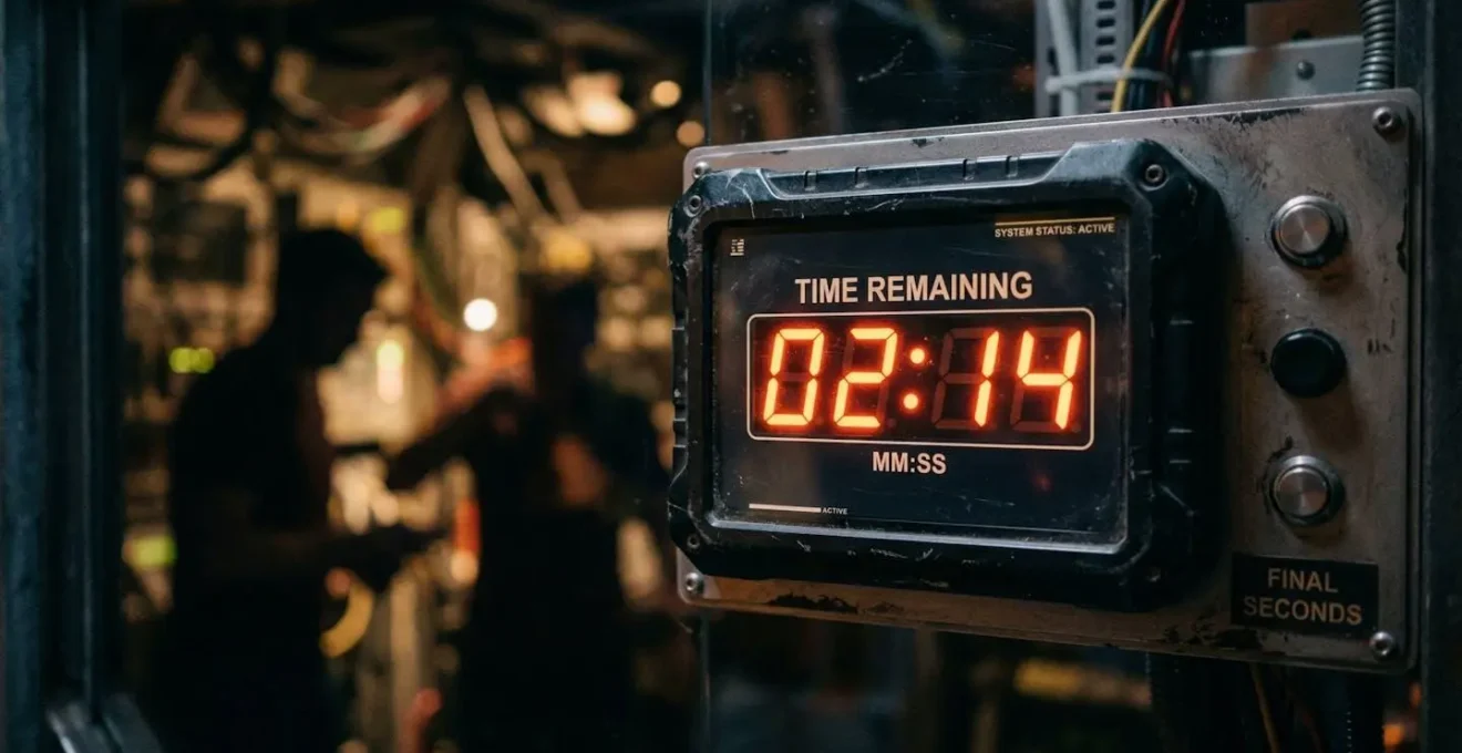 Compteur digital affichant le temps restant dans une ambiance escape game futuriste