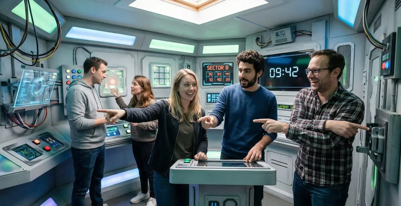 Équipe de collègues en discussion animée pointant vers différentes zones dans un escape game futuriste