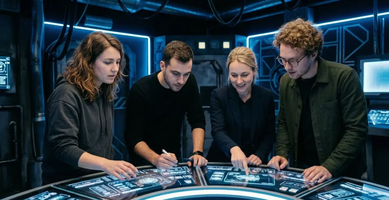 Groupe de collègues concentrés devant un panneau de contrôle futuriste lumineux dans un escape game immersif