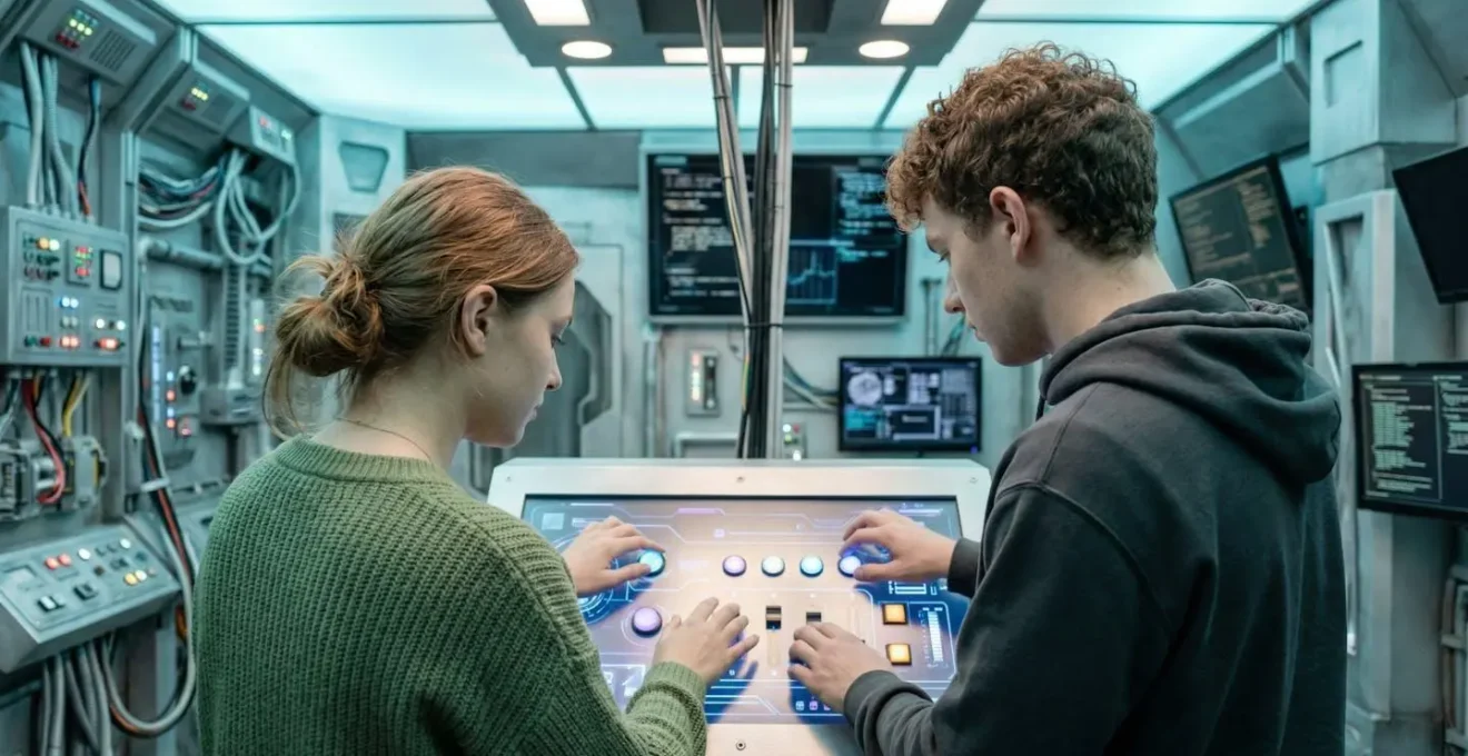 Deux personnes manipulant un dispositif interactif futuriste avec boutons lumineux dans un escape game high-tech