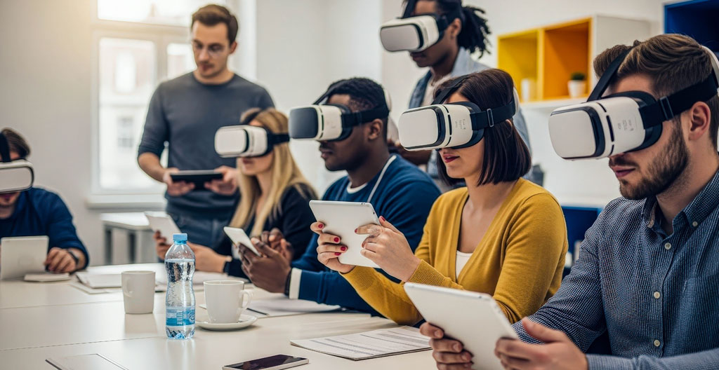 Équipe de collègues en discussion animée pointant vers différentes zones dans un escape game futuriste