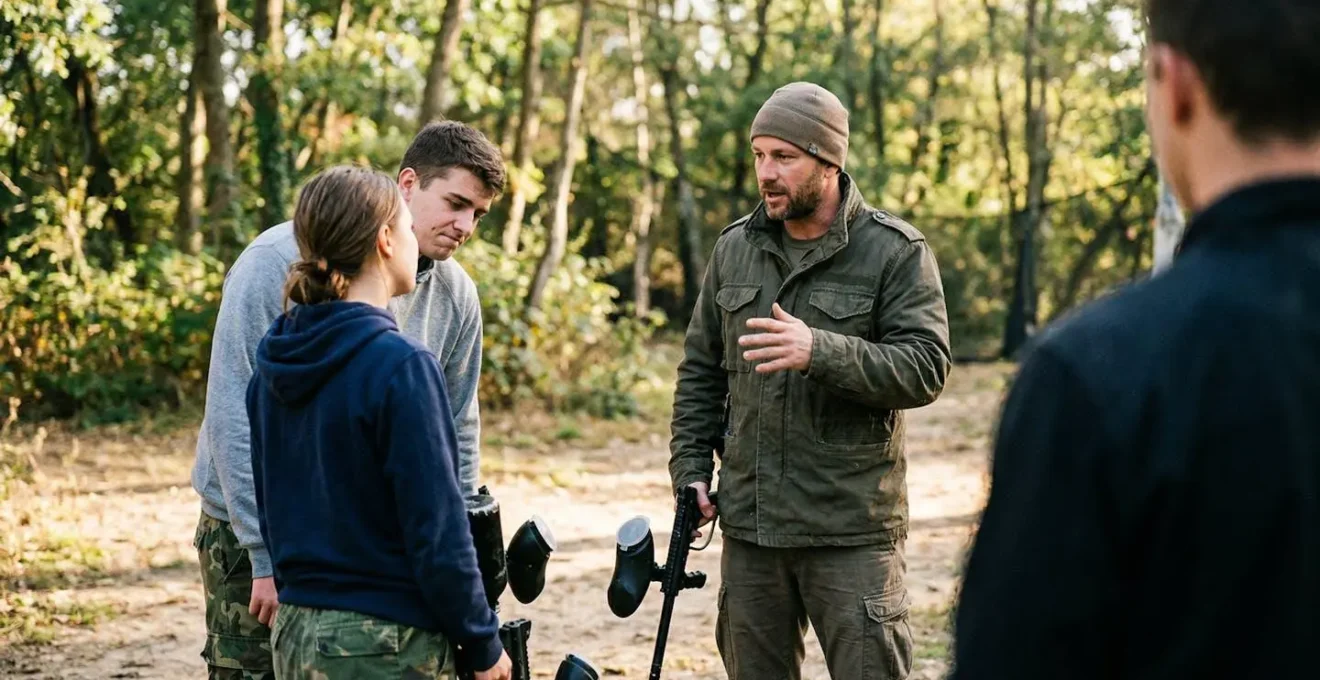 Un animateur de paintball en discussion avec deux joueurs, faisant des gestes explicatifs, équipement visible en arrière-plan