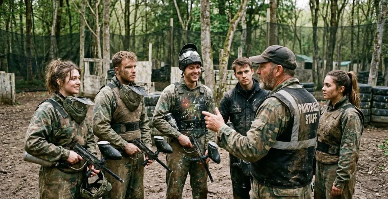 Un groupe d'amis en tenue de paintball écoute attentivement les consignes d'un animateur sur un terrain extérieur, ambiance détendue et complice