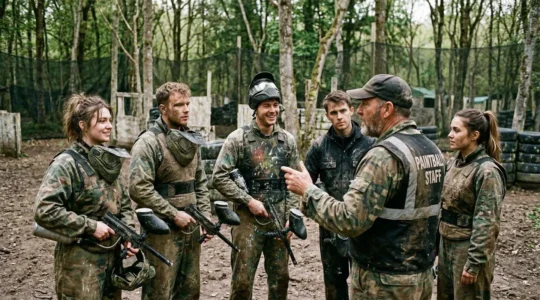 Un groupe d'amis en tenue de paintball écoute attentivement les consignes d'un animateur sur un terrain extérieur, ambiance détendue et complice