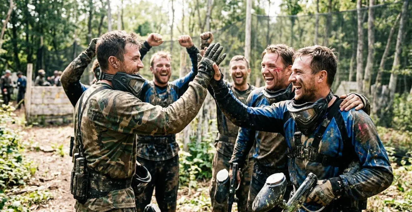 Un groupe de joueurs de paintball célèbre ensemble après une partie, high-fives et rires dans une ambiance festive