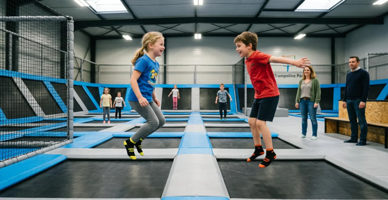 Deux enfants sautent côte à côte sur les trampolines lors de leur anniversaire commun dans un parc de trampolines.
