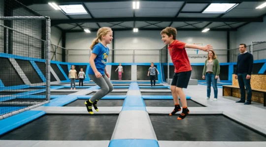 Deux enfants sautent côte à côte sur les trampolines lors de leur anniversaire commun dans un parc de trampolines.