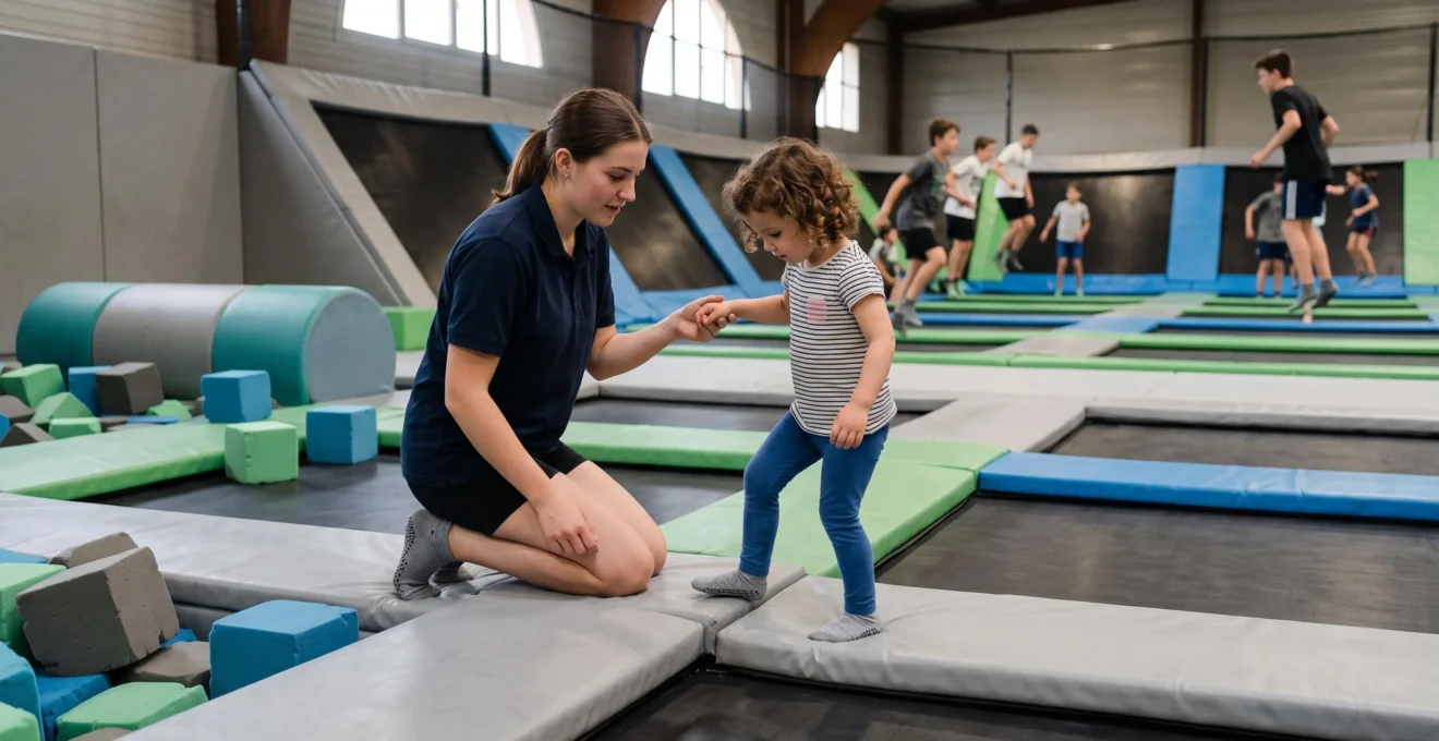 Un encadrant aide un jeune enfant à monter sur un trampoline bas pendant que des enfants plus âgés sautent en arrière-plan.