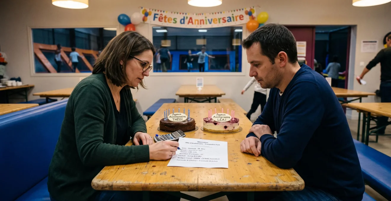 Deux parents examinent ensemble un document de réservation à une table de fête, devant deux gâteaux d'anniversaire.
